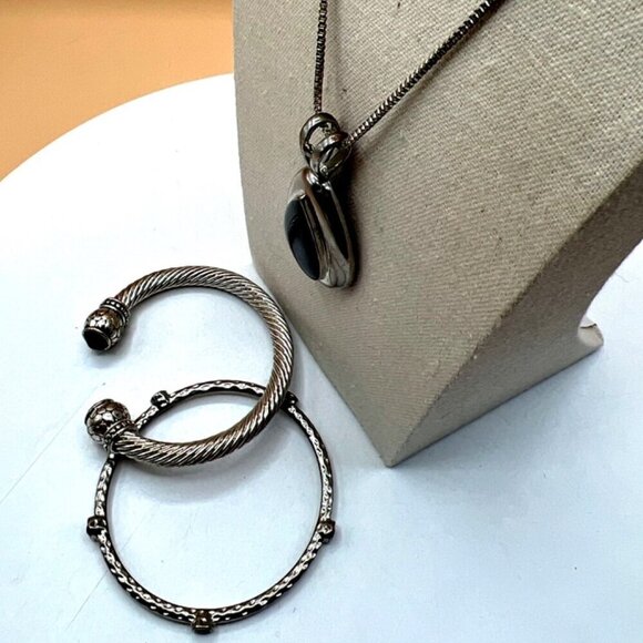 Silver Tone Black Onyx Necklace & Rhinestone Bracelets Set.   M54 - Picture 7 of 16